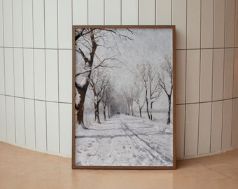 Dipinto di paesaggio invernale vintage: decorazioni natalizie in stile fattoria (download digitale)