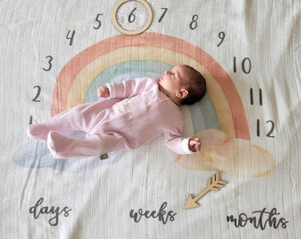 Baby Milestone Blanket | Happy Watercolor Rainbow Milestone Blanket | Organic Cotton Muslin Photo Blanket | Month Growth Baby Blanket