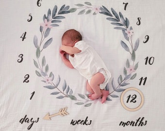 Baby Milestone Blanket | Eucalyptus Milestone Blanket | Organic Cotton Muslin Photo Blanket | Month Growth Baby Blanket