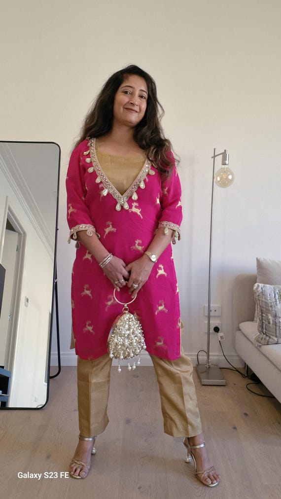 Indo-Western Outfit | Hot Pink Organza Top & Gold Silk Blend, Size 40