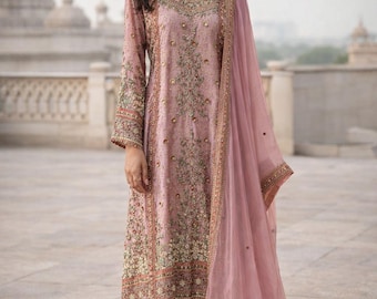 Dusty Pink Lavender Embroidered Salwar Kameez Set | Pakistani Designer Plazo Suit Chiffon Dupatta