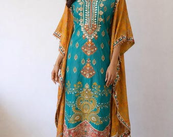 Set Kurti Kaftan in Georgette Shimmer con pantaloni a tulipano, stampa Gotta Patti