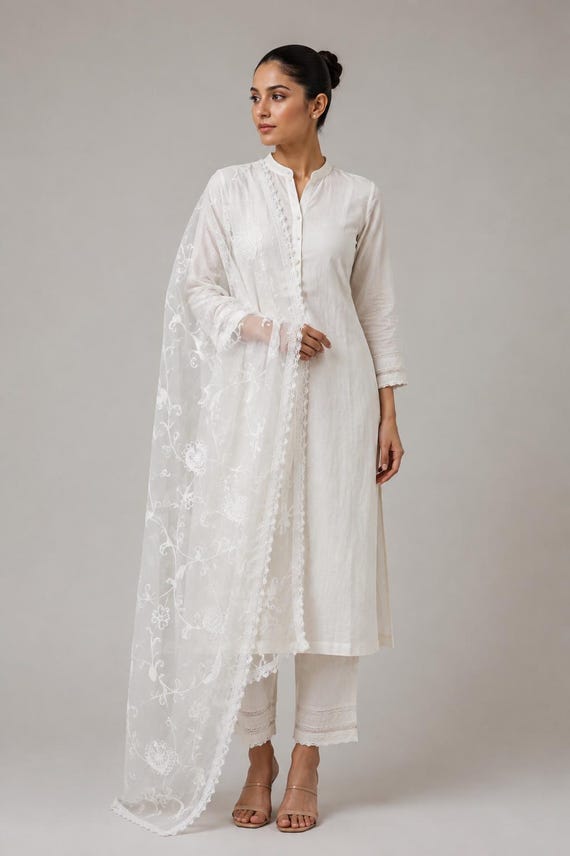 White Chikankari Cotton Dupatta | Handcrafted Traditional Indian Embroidery | Lightweight Ethnic