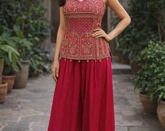Embroidered Indo-Western Palazzo Set | Deep Pink Georgette, Detachable Sleeves, Large size (40)