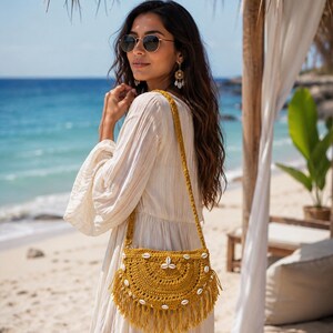 Handmade Crochet Half Moon Bag | Brown Fringe Shell Shoulder Purse