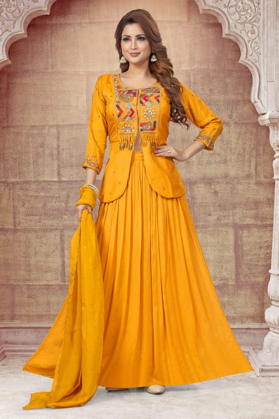 mustard yellow indo western dress Mustard Yellow Georgette Embellished Indo Western Maxi Gown