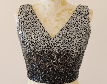 Black Sequin Padded Crop Top, Party Wear Saree, Lehenga Blouse - Size 38, cocktail top