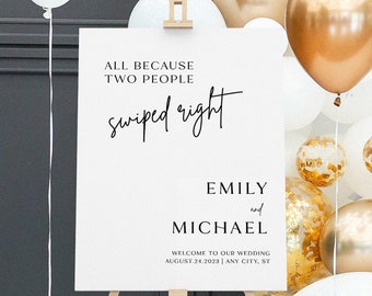 Modern Welcome Poster Sign, All Because Two People Swiped Right Wedding Sign, Minimalist Wedding Welcome Poster, Editable Template WB KE 10