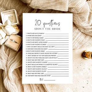 Twenty Questions About The Bride Bridal Shower Game, Who Knows The Bride Best Printable Game, 20 Questions About The Bride Wedding Game, ZGa