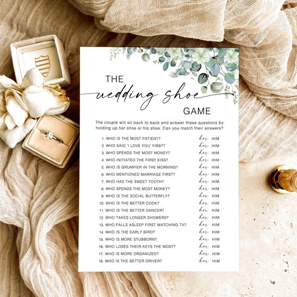 The Wedding Shoe Game, Minimalist Couples Shoe Game, Greenery Bridal Shower Game, Couples Wedding Shower Game, His Or Her Trivia Game,  aZA