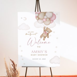 Girl Baby Shower Welcome Sign, Teddy Bear Girl Welcome Sign, Pink Balloon Baby Shower Welcome Sign, Editable Welcome Sign Poster, WY KA 24