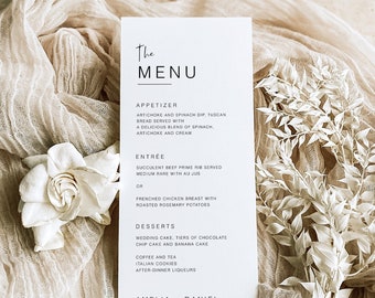 Sjabloon afdrukbare dinermenu receptie, gepersonaliseerd trouwmenu, bewerkbaar dinermenu bruiloft, minimalistische sjabloon bruiloftmenu MN KG 01