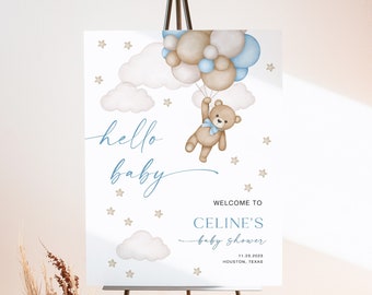 Editable Blue Teddy Bear Balloon Sign, Teddy Bear Hello Baby Sign, Boy Bear Balloon Signage, We Can Bearly Wait Signage, Template, WY KA 60