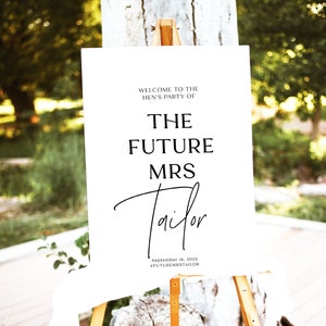 Panneau de bienvenue modifiable pour l&#39;enterrement de vie de jeune fille, minimaliste The Future Mrs Bridal Shower, panneau de bienvenue, panneau de bienvenue, panneau de bienvenue pour shower de mariage, WB KC 23