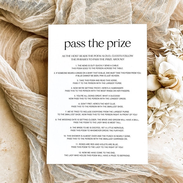 Pass The Poem Bridal Shower Game, Minimalist Wedding Game, Pass The Parcel Game, Wedding Rhyme Game, Pass The Prize Bridal Shower Game, ZZ