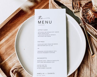Minimalistische bruiloftsmenusjabloon, bewerkbaar bruiloftsdinermenu, receptie afdrukbare dinermenusjabloon, gepersonaliseerd trouwmenu MN KA 01