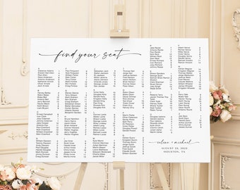 May include: A white wedding seating chart with black text. The chart is titled "Find Your Seat" and lists the names of guests in alphabetical order. The bottom of the chart reads "Celina & Michael, August 23, 2023, Houston, TX."