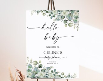Hello Baby Shower Welcome Sign, Greenery Baby Shower Welcome Poster, Eucalyptus Personalize Baby Shower Sign, Welcome Baby Sign, WY KA 46