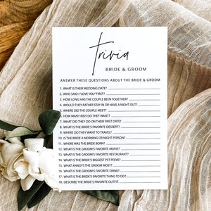 Braut Bräutigam Trivia Spiel, Brautparty Trivia Spiel, Boho Trivia Brautdusche Spiel, Wer kennt das Brautparty-Spiel, Boho Braut, ZC