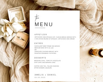 Bewerkbaar bruiloftsdinermenu, minimalistische bruiloftsmenusjabloon, boho-receptie afdrukbaar dinermenu, gepersonaliseerd trouwmenu MN KC 01a