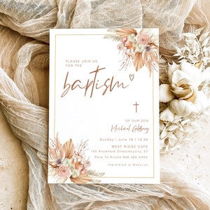 Pampas Grass Taufeinladungskarte, Boho Taufe einladen, 1. Kommunioneinladung, Taufeinladungsvorlage, bearbeitbare Taufe, YD KG 35