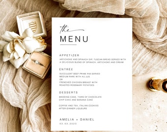 Minimalistische bruiloftsmenusjabloon, bewerkbaar bruiloftsdinermenu, aangepaste dinermenusjabloon, gepersonaliseerd trouwmenu MN KA 01a