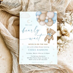 Blue Balloon Baby Shower Invitation, We Can Bearly Wait Boy Baby Shower Invite Template, Editable Teddy Bear Balloon Baby Invite, YD KA 64