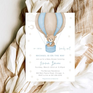 Bewerkbare teddybeer jongen luchtballon babyuitnodiging, blauwe hete ballon babyshower, uitnodiging babyshower babyshower, babyshower uitnodiging, YD KG 61