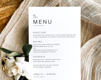 Receptie afdrukbare dinermenusjabloon, modern trouwmenu, bewerkbaar bruiloftsdinermenu, minimalistische bruiloftsmenusjabloon MN KG 01a