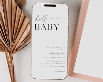 Modèle d'Invitation texte baby shower, Evite de téléphone portable Hello Baby, baby shower électronique Boho, modèle d'invitation numérique modifiable, YD KA 77