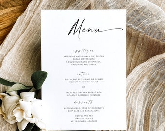 Modern Wedding Menu, Editable Simple Wedding Menu, Menu Cards, Minimalist Wedding Menu Template, Printable Reception Dinner Menu, MN KA 04a