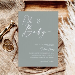 Salie babyshower uitnodiging, minimalistische babyshower uitnodigen, oh babyshower, groene babyshower uitnodigen, oh baby genderneutrale douche YD KA 18