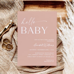 Roze blush babyshower uitnodiging, boho genderneutrale douche, aanpasbare Hallo babyshower uitnodiging, roze babyshower uitnodiging, YD KA 14
