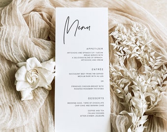 Eenvoudig script bruiloft dinermenu, bewerkbare receptie dinermenusjabloon, eenvoudige bruiloft menusjabloon, moderne bruiloft voedselmenu, MN KC 11