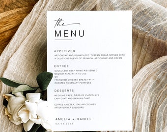 Editable Wedding Dinner Menu, Minimalist Wedding Menu Template, Reception Printable Dinner Menu Card, Personalized Wedding Menu MN KA 01a