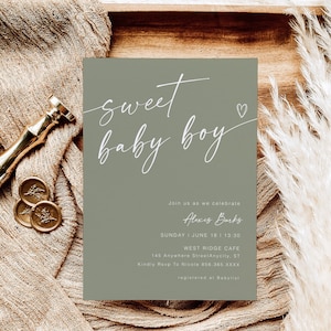 Sage Green Sweet Baby Boy Shower, Baby Boy Shower Invitation, Sweet Baby Boy Invitation Template, Minimalist Baby Shower Invite, YD KA 27