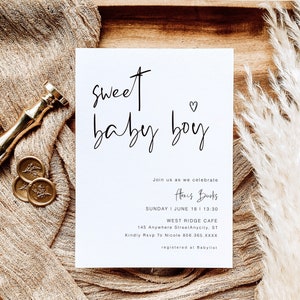 Bewerkbare babyshower uitnodiging, Sweet Baby Boy uitnodiging sjabloon, minimalistische babyshower uitnodigen, Boho Sweet baby Boy douche, YD KG 25