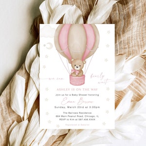 We Can Bearly Wait Baby Shower Invite, Editable Teddy Bear Hot Air Balloon Baby Invite, Bear Hot Balloon Baby Shower Invitation, YD KA 60