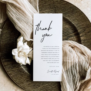 Hochzeitsmenü-Dankeschön, moderner Dankeschön-Brief, Hochzeitsservietten-Hinweiskarte, flache Dankekarte, minimalistisches Gedeck Danke, TY KJ 02
