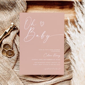 Roze babyshower uitnodigen, oh baby genderneutraal douche, meisje babyshower uitnodiging, minimalistische babyshower uitnodigen, oh babyshower, YD KA 17