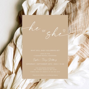 He Or She Gender Neutral Shower Invite, Boho Gender Reveal Invitation, Beige He Or She Baby Invitation, Terracotta Invite Template, YD KA 65