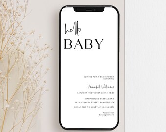 Evite de téléphone portable Hello Baby, baby shower électronique bohème, modèle d'invitation texte baby shower, modèle d'invitation numérique modifiable, YD KG 77
