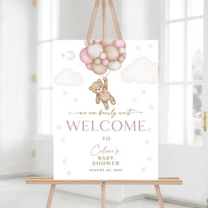 Girl Baby Shower Welcome Sign, Editable Welcome Sign Poster, Pink Balloon Baby Shower Welcome Sign, Teddy Bear Girl Welcome Sign, WY KA 23