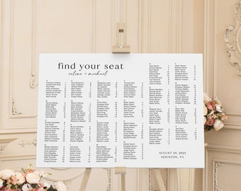 May include: A white wedding seating chart with the text "find your seat" and "coline & michael" at the top. The chart lists guest names and table numbers. The date "August 23, 2023" and location "HOUSTON, TX" are at the bottom.