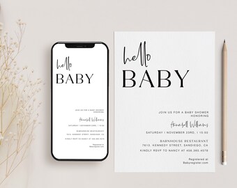 Modèle d'Invitation texte baby shower, Evite de téléphone portable Hello Baby, baby shower électronique Boho, modèle d'invitation numérique modifiable, YD KG 78