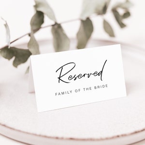 Modelo de placas reservadas, placas reservadas minimalistas para casamento para impressão, cartão de reserva de casamento de luxo, placa reservada DIY editável, RES KJ 15