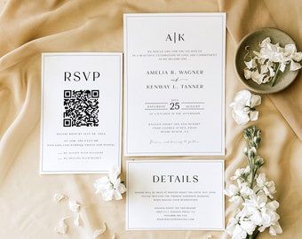 Pode incluir: Um conjunto de convites de casamento brancos com texto preto. O cartão de convite apresenta os nomes do casal, a data do casamento e o local. O cartão RSVP inclui um código QR e instruções para que os convidados respondam ao convite até 25 de julho. O cartão de detalhes fornece informações sobre o local do casamento e a acomodação.