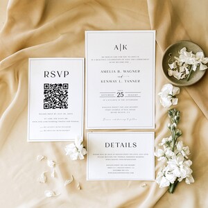 Faire-part de mariage monogramme, jeu de cartes détaillées Rsvp blanc, modèle d'invitation de mariage élégant, suite minimale de faire-part de mariage, NV KA 10 S