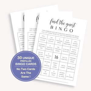 30 unieke bingogame Find The Guest, 30 vooraf ingevulde bingokaarten, 30 vooraf ingevulde vrijgezellenbingogames, sociale bingo Find The Guest 10 ZM