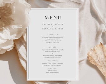 Let's Eat-menu, sjabloon bruiloftsmenu met naam, minimalistisch trouwmenu, modern trouwmenu, sjabloon receptie dinermenu, MN KZ 12a